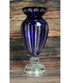 FLORERO CRISTAL DE BOHEMIA COBALTO PIE PLATA GRANDE