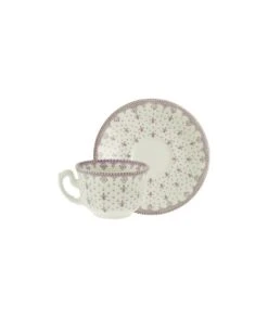 TAZA DE CAFE CON PLATO FLOR DE LIS ROSA
